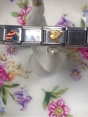 Stainless Steel Italian Charm Bracelet with Enamel Heart and Gold Accents